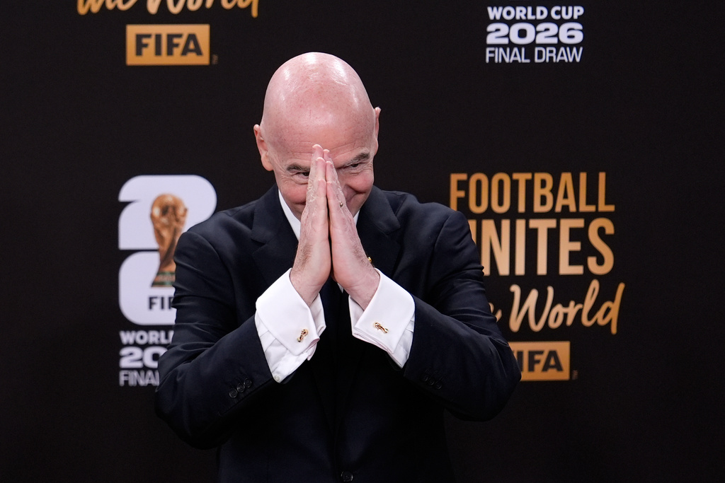 FIFA President Gianni Infantino arrives to attend the draw for the 2026 soccer World Cup at the Kennedy Center in Washington, Friday, Dec. 5, 2025. (AP Photo/Julia Demaree Nikhinson)