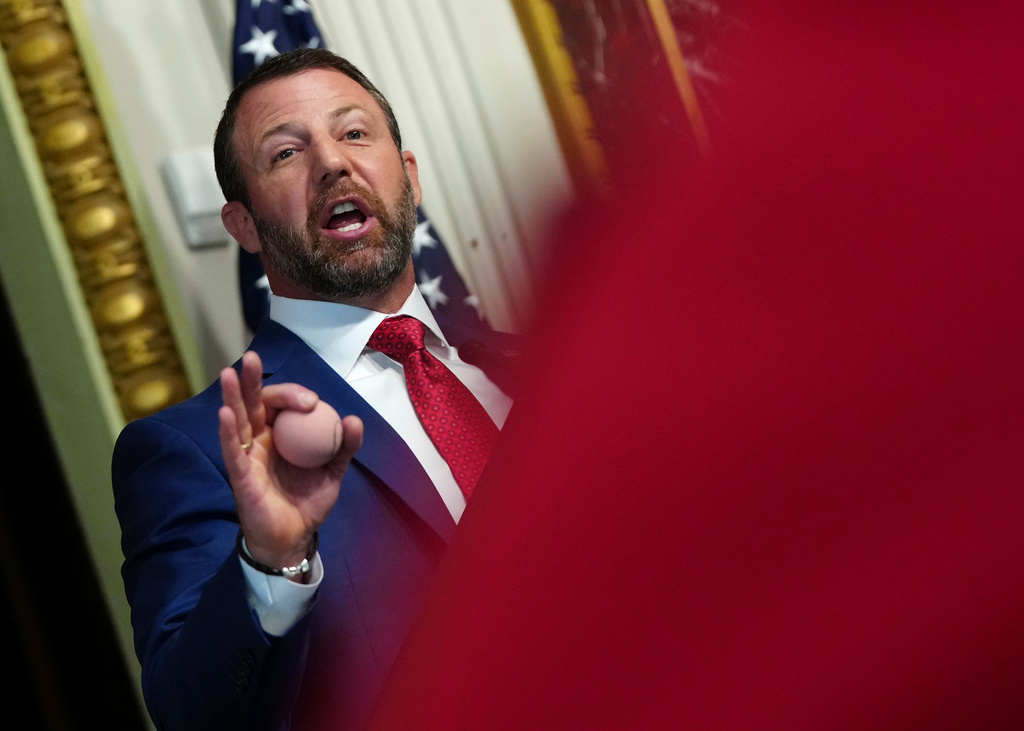 Homeland Security Secretary Markwayne Mullin speaks in the Indian Treaty Room at the Eisenhower Executive Office Building on the White House campus, Friday, July 17, 2026, in Washington. (AP Photo/Julia Demaree Nikhinson)