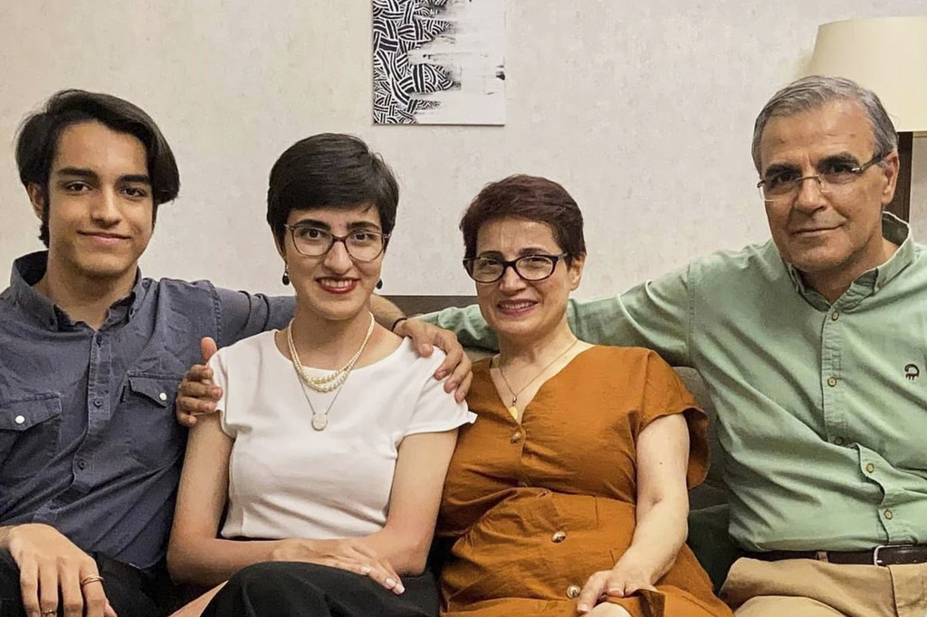 FILE - This 2023 photo provided by Mehraveh Khandan shows, from left, Nima Khandan, Mehraveh Khandan, Nasrin Sotoudeh and Reza Khandan in their home in Tehran. (Courtesy Mehraveh Khandan via AP, File)