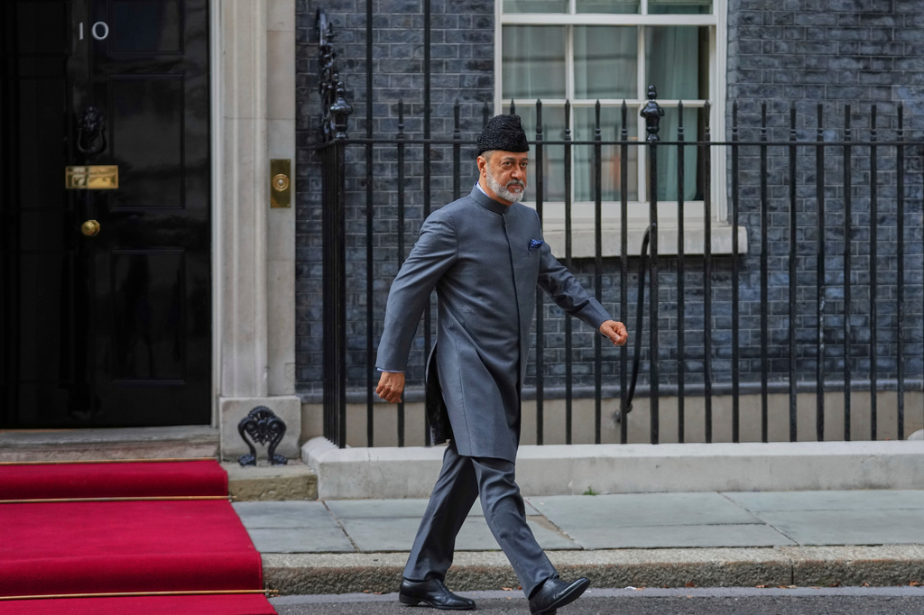 FILE - Sultan Haitham bin Tariq Al Said, Sultan of Oman, leaves 10 Downing Street in London, on July 30, 2025. (AP Photo/Joanna Chan, File)