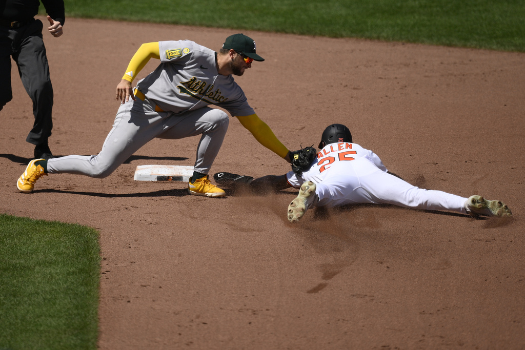 Athletics second baseman Max Schuemann, left, tags out Baltimore Orioles' Greg Allen, as he attempted to steal second base during the fourth inning of a baseball game, Sunday, Aug. 10, 2025, in Baltimore. (AP Photo/Nick Wass)