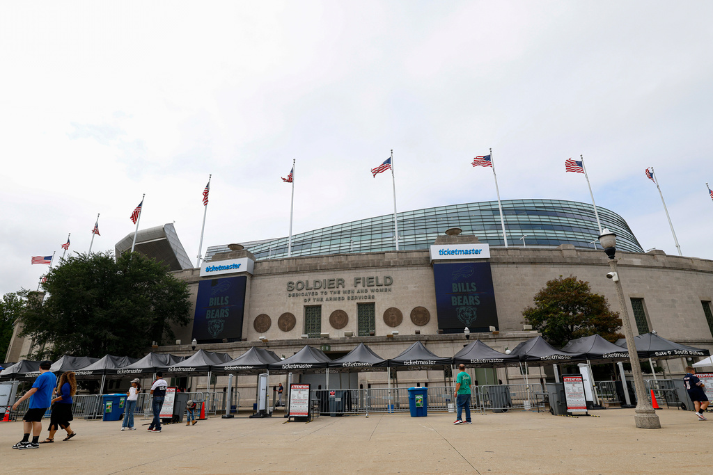 FILE - A general exterior view of Soldier Field is seen prior to an NFL preseason football game, Aug. 17, 2025, in Chicago. (AP Photo/Kamil Krzaczynski, File)