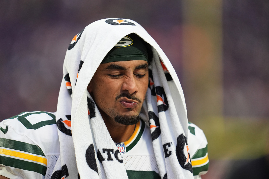 Green Bay Packers quarterback Jordan Love walks off the field after an NFL football game against the Minnesota Vikings, Sunday, Sept. 13, 2026, in Minneapolis, Minn. (AP Photo/Abbie Parr)