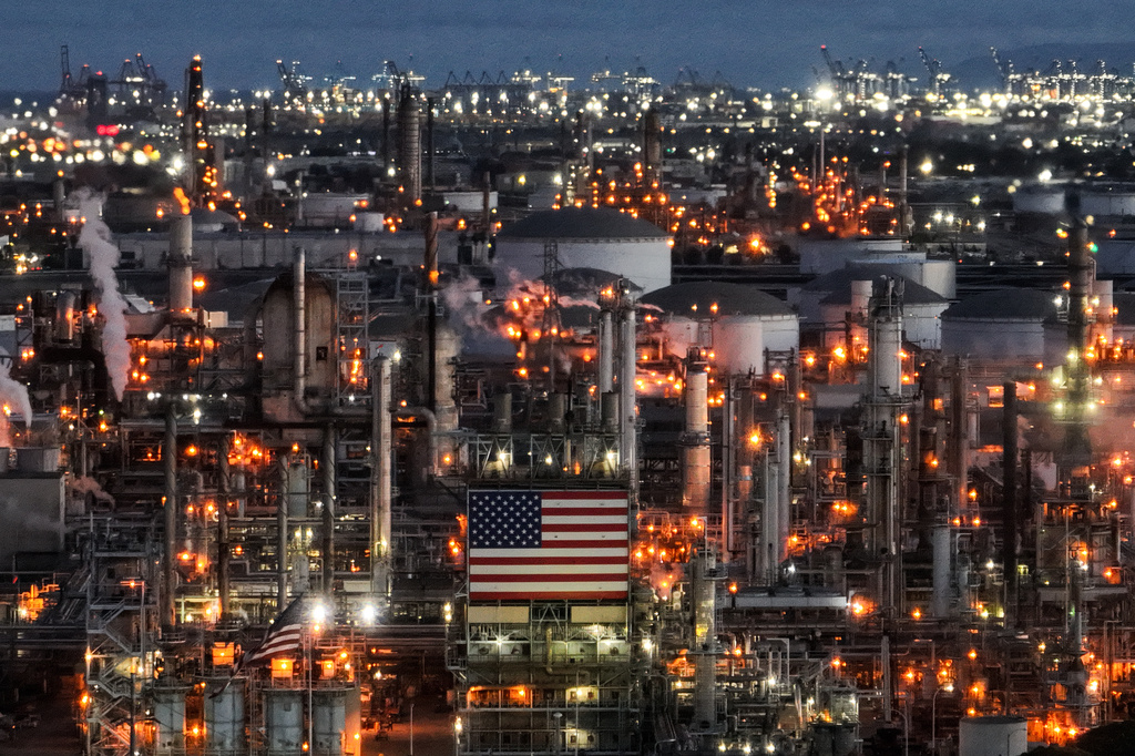 An aerial view shows the Marathon Petroleum refinery in Carson, Calif., Wednesday, April 1, 2026. (AP Photo/Jae C. Hong)