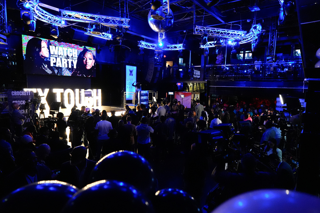 Supporters of Rep. Jasmine Crockett, D-Texas, a Democratic candidate for U.S. Senate, attend a primary election night watch party Tuesday, March 3, 2026, in Dallas. (AP Photo/Tony Gutierrez)