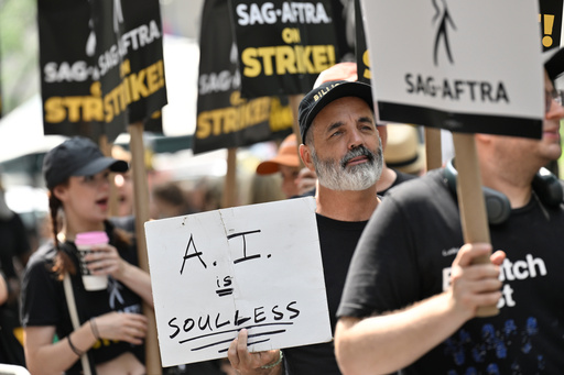 FILE - SAG-AFTRA picketers carry signs outside NBC in Rockefeller Center on July 17, 2023, in New York. (Photo by Evan Agostini/Invision/AP, File) FILE - SAG-AFTRA picketers carry signs outside NBC in Rockefeller Center on July 17, 2023, in New York. (Photo by Evan Agostini/Invision/AP, File)