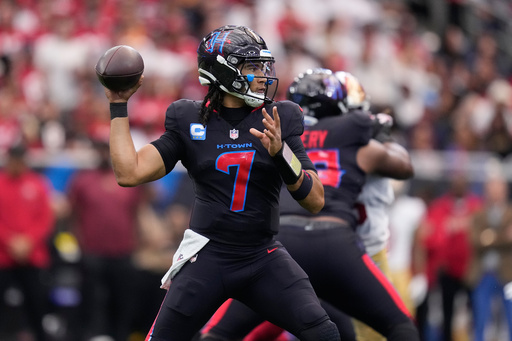 Houston Texans quarterback C.J. Stroud throws during the first half of an NFL football game against the San Francisco 49ers Sunday, Oct. 26, 2025, in Houston. (AP Photo/Eric Christian Smith) Houston Texans quarterback C.J. Stroud throws during the first half of an NFL football game against the San Francisco 49ers Sunday, Oct. 26, 2025, in Houston. (AP Photo/Eric Christian Smith)