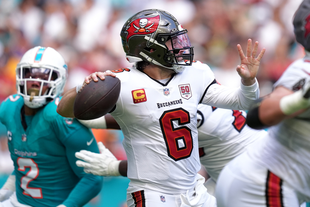 Tampa Bay Buccaneers quarterback Baker Mayfield (6) throws a pass against the Miami Dolphins during the first half of an NFL football game Sunday, Dec. 28, 2025, in Miami Gardens, Fla. (AP Photo/Rebecca Blackwell)