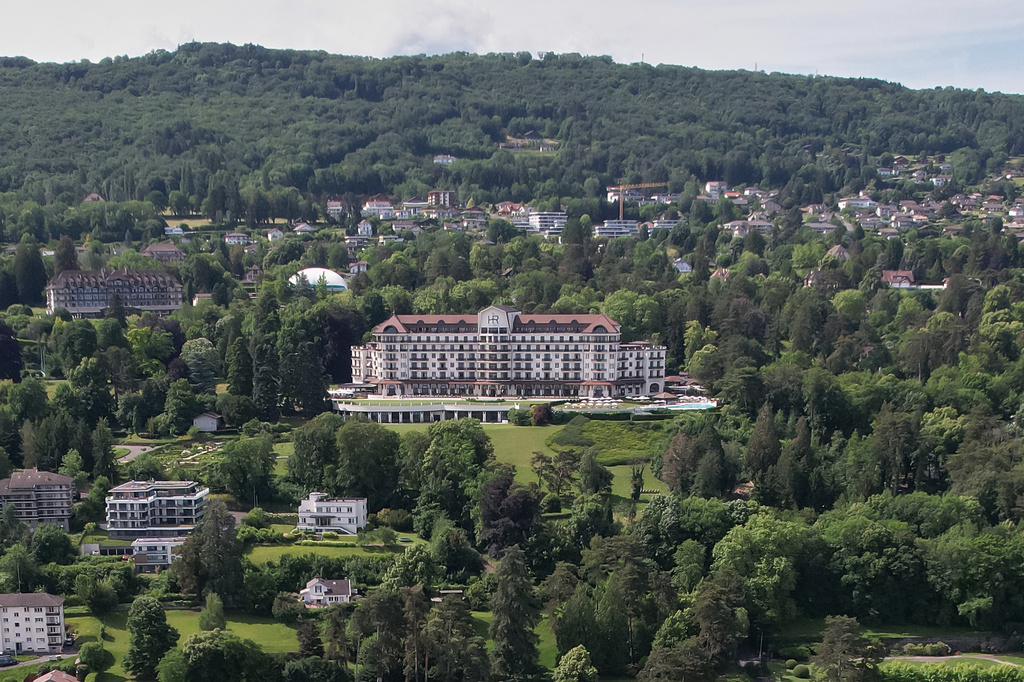 FILE - An aerial view of the Hotel Royal in the town of Evian-les-Bains in eastern France, Monday, June 1, 2026, where the upcoming G7 summit is due to take place June 15-17. (AP Photo/Baz Ratner, File)