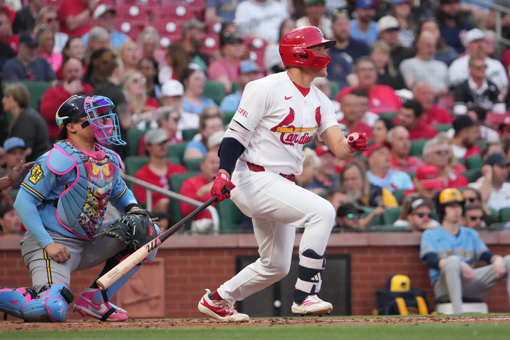 St. Louis Cardinals' JJ Wetherholt follows through on an RBI single during the second inning of a baseball game against Milwaukee Brewers Monday, May 4, 2026, in St. Louis. (AP Photo/Jeff Roberson)