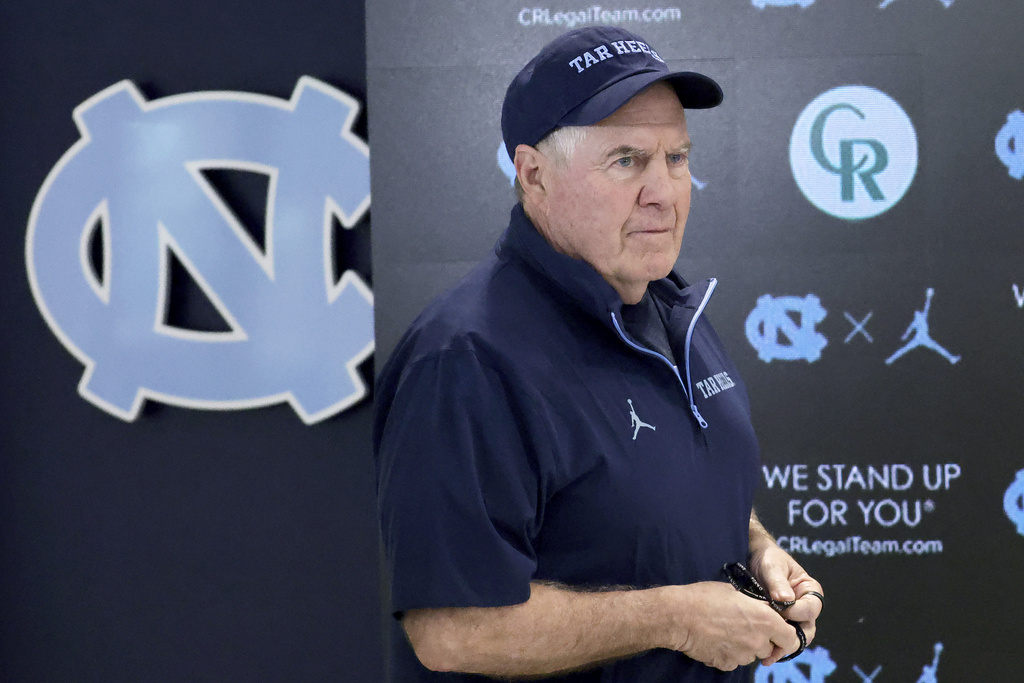 FILE - North Carolina coach Bill Belichick arrives for an NCAA college football press conference, March 5, 2025, in Chapel Hill, N.C. (AP Photo/Chris Seward, File)
