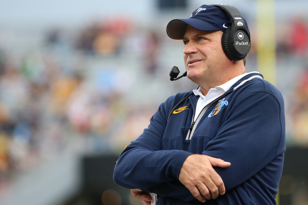 West Virginia Mountaineers head coach Rich Rodriguez looks on during the first half of an NCAA college football game against Utah, Saturday, Sept, 27, 2025, in Morgantown, W.Va. (AP Photo/ William Wotring)