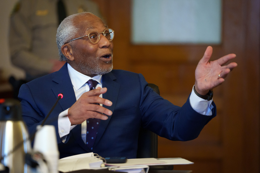 Alfredo Parrish, attorney for Kristin Ramsey, speaks during a hearing at the Dallas County courthouse in Adel, Iowa, on Friday, April 10, 2026. (Zach Boyden-Holmes/The Des Moines Register via AP, Pool)