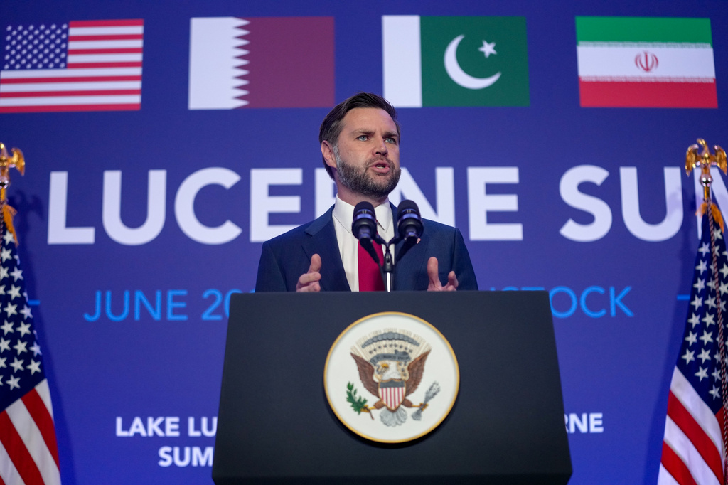 Vice President JD Vance speaks to members of the media after the U.S. and Iran held high-level talks at the Bürgenstock Resort in Obbuergen, near Lucerne, in Switzerland, Monday, June 22, 2026. (Nathan Howard/Pool Photo via AP)