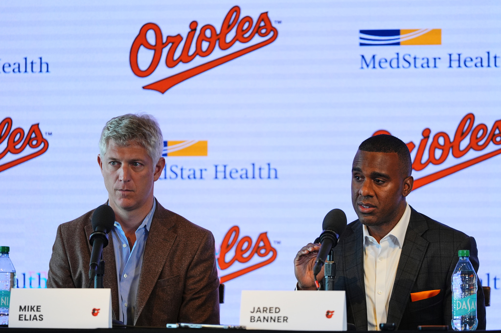 Baltimore Orioles General Manager Jared Banner, right, speaks during an introductory press conference with President of Baseball Operations Mike Elias in Baltimore, Tuesday, Oct. 27, 2026. (AP Photo/Stephanie Scarbrough)