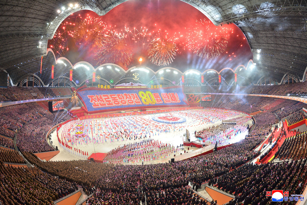 This photo provided by North Korean government shows the ceremony marking the 80th anniversary of the founding of the ruling Worker's Party, in Pyongyang, North Korea, Thursday, Oct. 9, 2025. Independent journalists were not given access to cover the event depicted in this image distributed by the North Korean government. The content of this image is as provided and cannot be independently verified. Korean language watermark on image as provided by source reads: "KCNA" which is the abbreviation for Korean Central News Agency. (Korean Central News Agency/Korea News Service via AP)