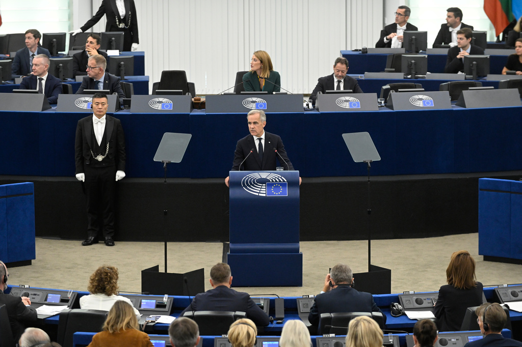 Canada's Prime Minister Mark Carney delivers a speech during a formal sitting at the European Parliament in Strasbourg, eastern France, Thursday, Sept 17, 2026. (AP Photo/Pascal Bastien)
