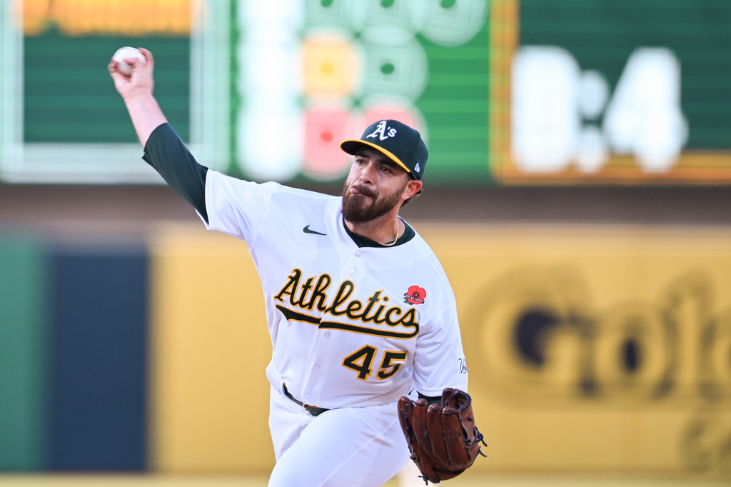 Athletics pitcher Aaron Civale throws during the first inning of a baseball game against the Seattle Mariners in West Sacramento, Calif., Monday, May 25, 2026. (AP Photo/Nic Coury)