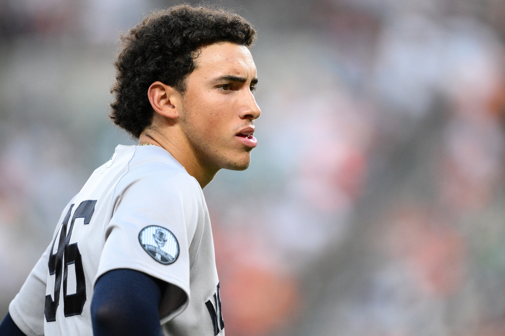 New York Yankees' George Lombard Jr. looks on during the second inning of a baseball game against the Baltimore Orioles, Thursday, Aug. 20, 2026, in Baltimore. (AP Photo/Nick Wass)
