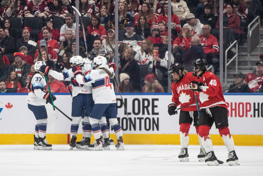 United States players celebrates a goal against Canada during the first period of Rivalry Series game in Edmonton on Wednesday, Dec. 10, 2025. (Jason Franson/The Canadian Press via AP)