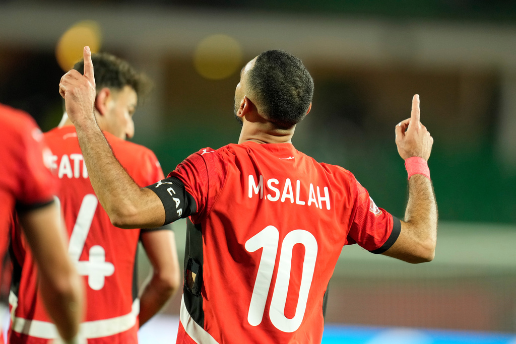 Egypt's Mohamed Salah celebrates after scoring his side's third goal during the Africa Cup of Nations round of 16 soccer match between Egypt and Benin in Agadir, Morocco, Monday, Jan. 5, 2026. (AP Photo/Mosa'ab Elshamy)