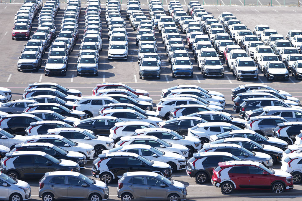 Vehicles for export are parked at a port in Pyeongtaek, South Korea, Tuesday, Jan. 27, 2026. (AP Photo/Lee Jin-man)