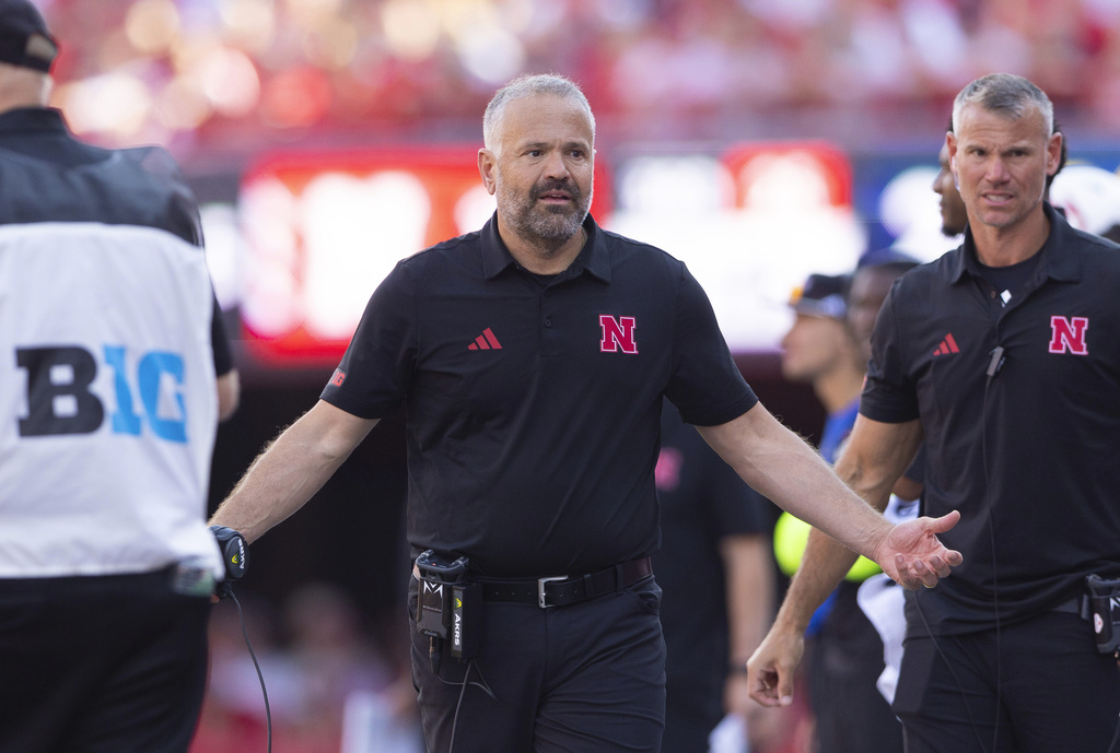 Nebraska head coach Matt Rhule questions a call during the second half of an NCAA college football game against Michigan, Saturday, Sept. 20, 2025, in Lincoln, Neb. (AP Photo/Rebecca S. Gratz)