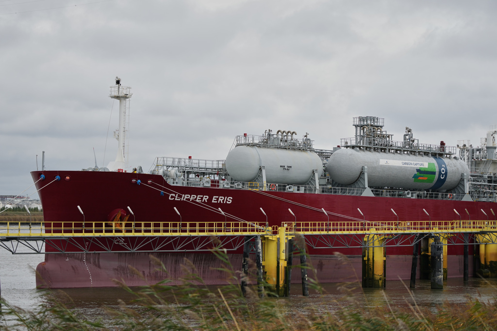 LPG tanker Clipper Eris, which uses onboard carbon capture technologies, is docked at the Port of Antwerp in Zwijndrecht, Belgium, Tuesday, Oct. 21, 2025. (AP Photo/Virginia Mayo)