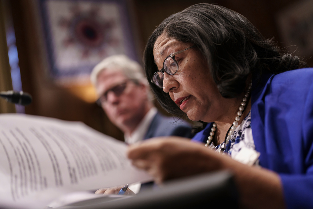FILE - Marilyn Vann, president of the Descendants of Freedmen of the Five Tribes Association of Oklahoma City, testifies before the Senate Indian Affairs Committee about the status of the descendants of enslaved people formerly held by the Muscogee (Creek), Chickasaw, Choctaw, Seminole and Cherokee Nations, at the Capitol in Washington, Wednesday, July 27, 2022. (AP Photo/J. Scott Applewhite, File)