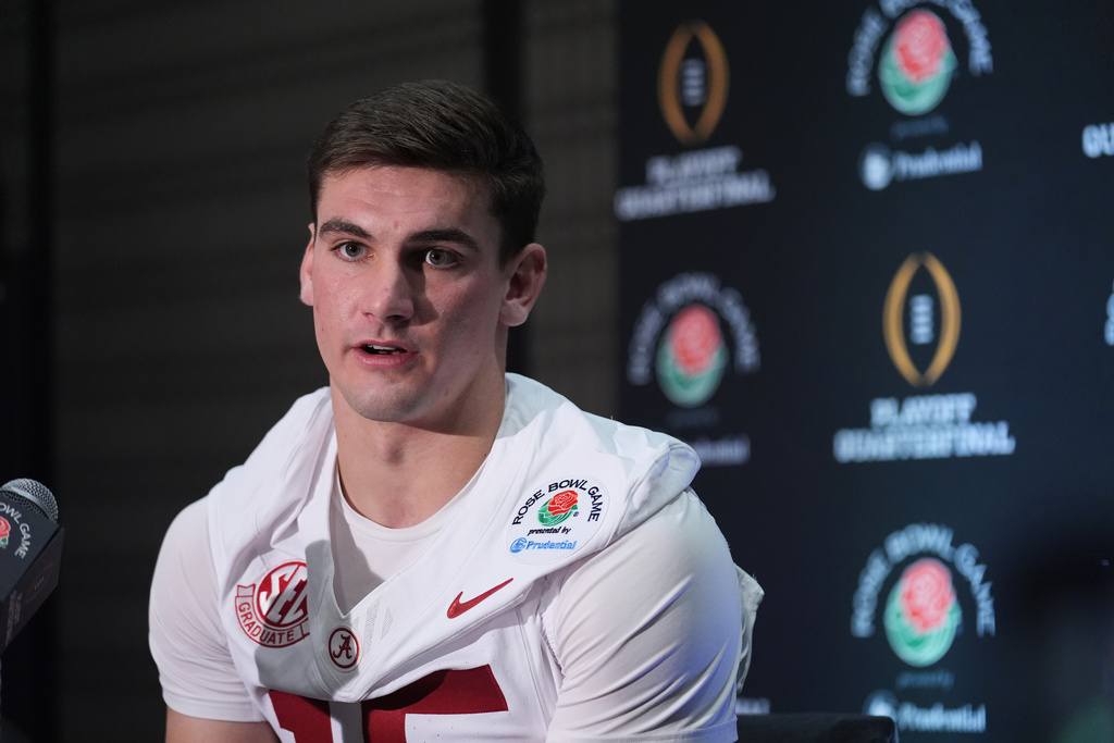 Alabama quarterback Ty Simpson answers questions during a press conference ahead of Thursday's Rose Bowl College Football Playoff against Indiana Tuesday, Dec. 30, 2025, in Los Angeles. (AP Photo/Marcio Jose Sanchez)