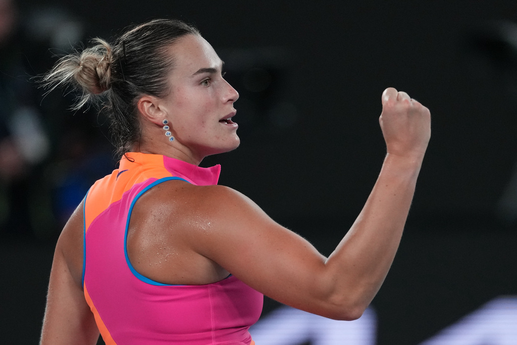 Aryna Sabalenka of Belarus reacts during her semifinal match against Elina Svitolina of Ukraine during their semifinal match at the Australian Open tennis championship in Melbourne, Australia, Thursday, Jan. 29, 2026. (AP Photo/Aaron Favila)