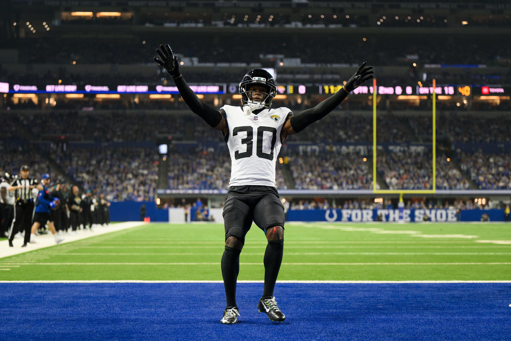 FILE - Jacksonville Jaguars cornerback Montaric Brown celebrates on the field during an NFL football game against the Indianapolis Colts, Dec. 28, 2025, in Indianapolis. (AP Photo/Zach Bolinger, file)