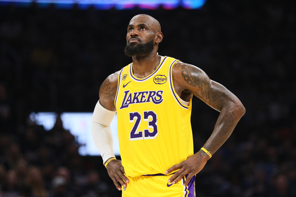 Los Angeles Lakers' LeBron James stands on the court in the second half of Game 2 in a second-round NBA basketball playoffs series against the Oklahoma City Thunder Thursday, May 7, 2026, in Oklahoma City. (AP Photo/Nate Billings)