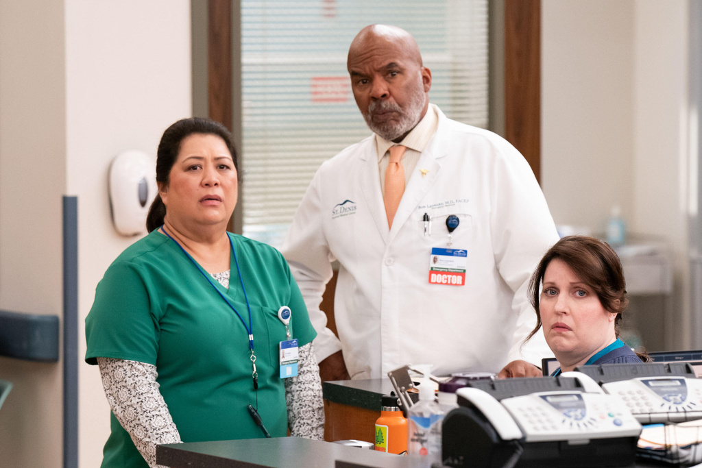 This image released by NBC shows Kaliko Kauahi, from left, David Alan Grier and Allison Tolman in a scene from "St. Denis Medical." (Photo by: Justin Lubin/NBC)