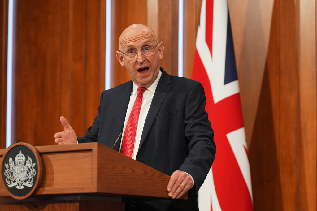 Britain's Defence Secretary John Healey delivers a statement on recent UK operational activity at 9 Downing Street, in London, Thursday April 9, 2026. (Yui Mok/Pool Photo via AP)