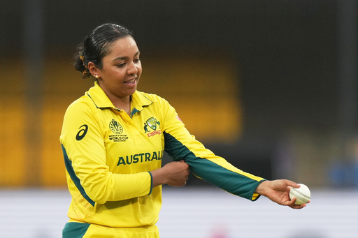 Australia's Alana King gestures during the ICC Women's Cricket World Cup match between Australia and South Africa in Indore, India, Saturday, Oct. 25, 2025. (AP Photo/Ajit Solanki) Australia's Alana King gestures during the ICC Women's Cricket World Cup match between Australia and South Africa in Indore, India, Saturday, Oct. 25, 2025. (AP Photo/Ajit Solanki)