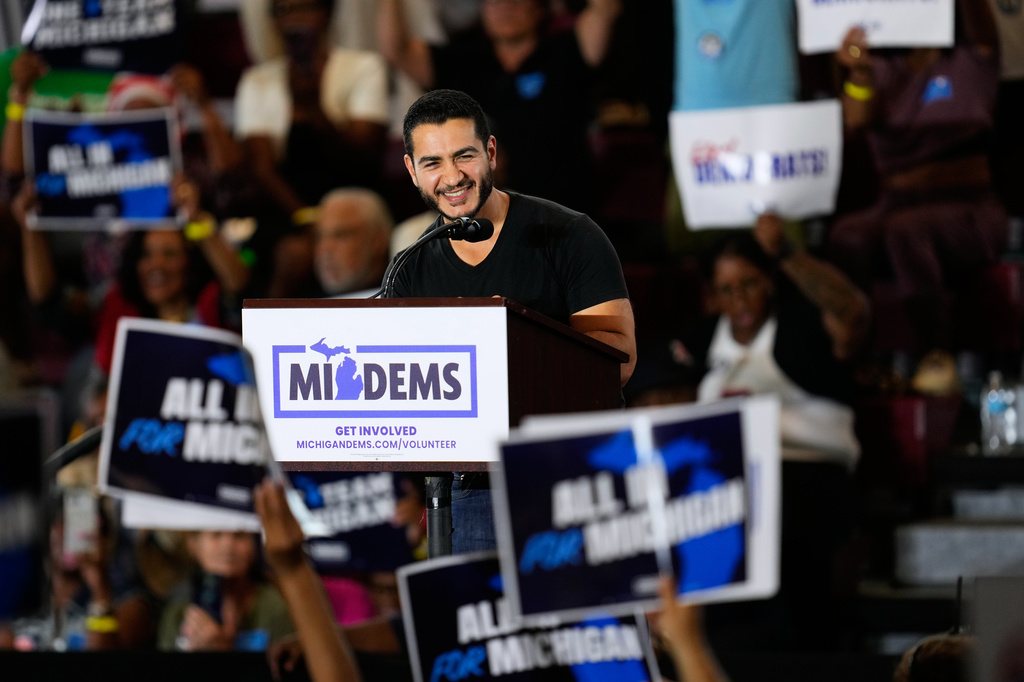 Democratic nominee for U.S. Senate Abdul El-Sayed Speaks at a General Election Kickoff Rally for Michigan Demcrats at Renaissance High School Friday, Aug. 7, 2026, in Detroit. (AP Photo/Paul Sancya)