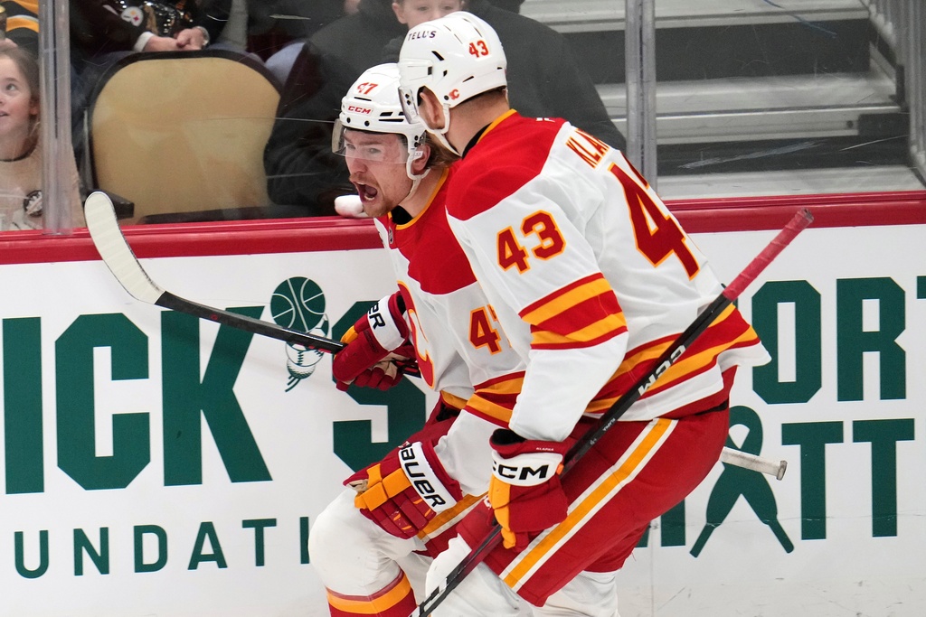 Calgary Flames' Connor Zary (47) celebrates after scoring with Adam Klapka (43) during the first period of an NHL hockey game against the Pittsburgh Penguins in Pittsburgh, Saturday, Jan. 10, 2026. (AP Photo/Gene J. Puskar)