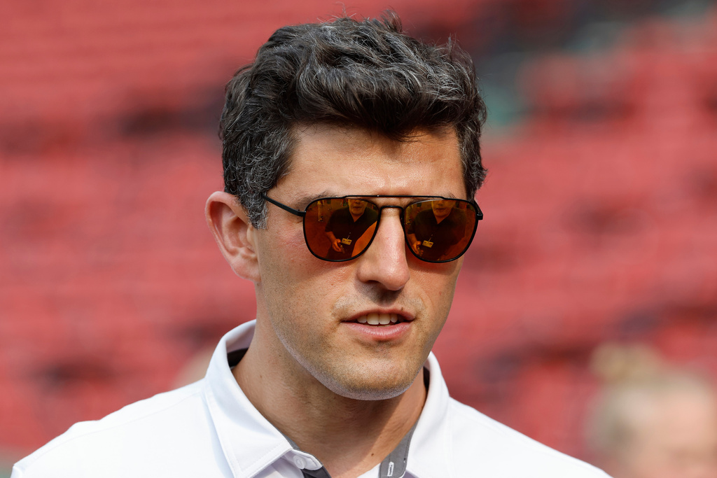 FILe - Then-Chief Baseball Officer of the Boston Red Sox Chaim Bloom talks with a reporter before the baseball game between the Boston Red Sox and the New York Yankees Friday, June 16, 2023, at Fenway Park in Boston. (AP Photo/Winslow Townson, File)