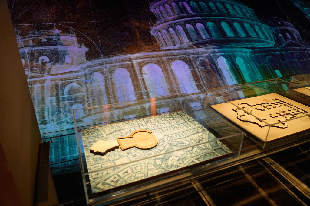 A rendering of St. Peter's Basilica is displayed during an exhibition titled "Ultra Visibilia" on the occasion of the 400th anniversary of the basilica's dedication at the Vatican, Monday, Feb. 16, 2026. (AP Photo/Gregorio Borgia)