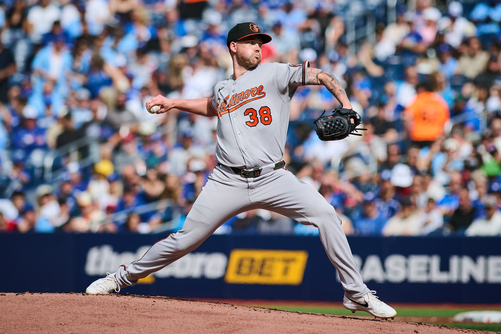 Baltimore Orioles pitcher Kyle Bradish (38) works against the Toronto Blue Jays during first inning of a baseball game in Toronto, on Saturday, Sept. 12, 2026. (Sammy Kogan/The Canadian Press via AP)