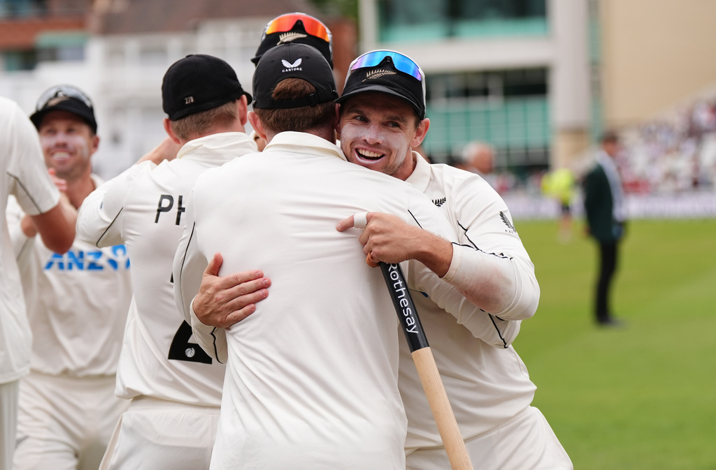 New Zealand captain Tom Latham (right) and team-mates celebrate the final wicket of the game to win the series on day five of the Third Cricket Test at Trent Bridge Cricket Ground, Nottingham, England, Monday June 29, 2026. (Jacob King/PA via AP)