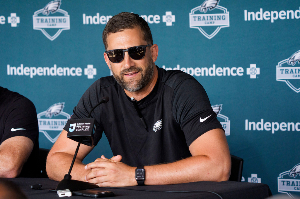 Philadelphia Eagles head coach Nick Sirianni talks to the media at the team's NFL football training camp in Philadelphia, Wednesday, July 29, 2026. (AP Photo/Chris Szagola)