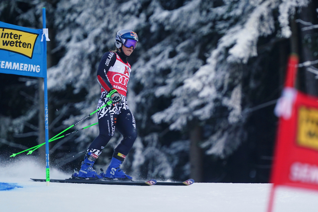New Zealand's Alice Robinson reacts after skiing off course during an alpine ski, women's World Cup giant slalom, in Semmering, Austria, Saturday, Dec. 27, 2025. (AP Photo/Pier Marco Tacca)