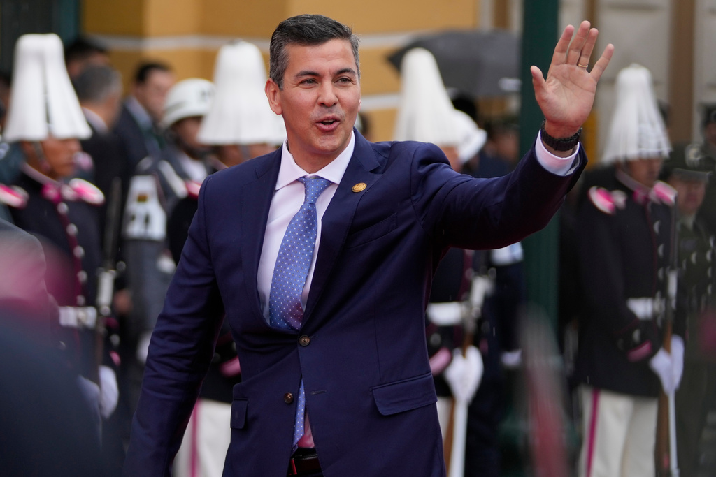 FILE - Paraguay President Santiago Pena arrives for the swearing-in ceremony of President Rodrigo Paz in La Paz, Bolivia, Nov. 8, 2025. (AP Photo/Juan Karita, File)