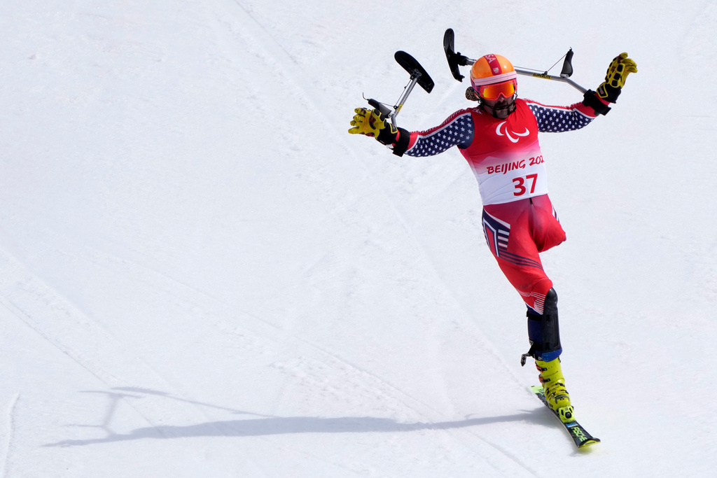 FILE - Patrick Halgren of the United States reacts after competing in the men's slalom, standing at the 2022 Winter Paralympics, Sunday, March 13, 2022, in the Yanqing district of Beijing. (AP Photo/Andy Wong, file)