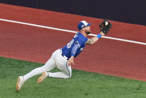 Toronto Blue Jays right fielder Nathan Lukes makes a catch for an out during the fifth inning against the New York Yankees in Game 1 of baseball's American League Division Series, Saturday, Oct. 4, 2025, in Toronto. (Chris Young/The Canadian Press via AP) Toronto Blue Jays right fielder Nathan Lukes makes a catch for an out during the fifth inning against the New York Yankees in Game 1 of baseball's American League Division Series, Saturday, Oct. 4, 2025, in Toronto. (Chris Young/The Canadian Press via AP)