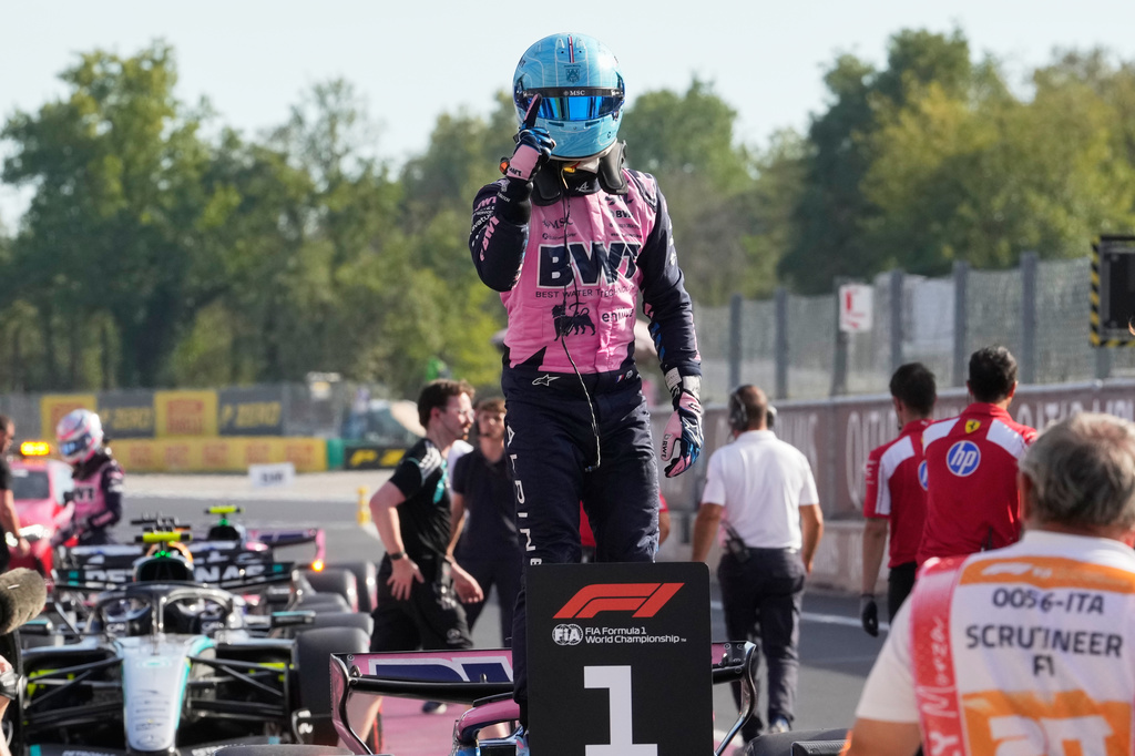 Alpine driver Pierre Gasly of France celebrates his pole position after the qualifying session ahead of the Italian Formula One Grand Prix, in Monza, Italy, Saturday, Sept. 5, 2026. (AP Photo/Luca Bruno)