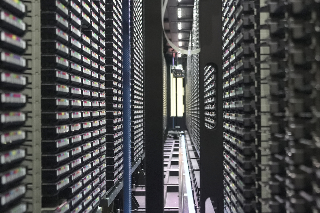 Computer equipment at the Poznan Supercomputing and Networking center is seen in Poznan, Poland, Wednesday, Jan. 28, 2026. (AP Photo/Pietro De Cristofaro)