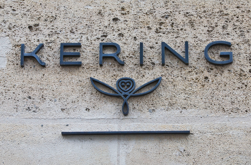 FILE - The logo of French luxury group Kering is pictured in Paris, on Sept. 15, 2017. (AP Photo/Michel Euler, File)